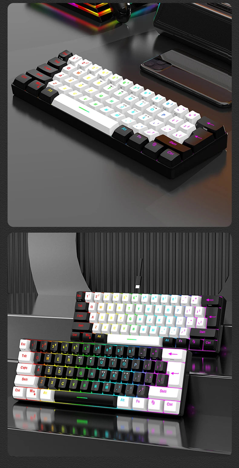 Teclado mecánico con cable de 61 teclas en blanco, interruptor negro y azul, resistente al agua, iluminación RGB, kit para gaming y oficina, PUBG gamer retroiluminado