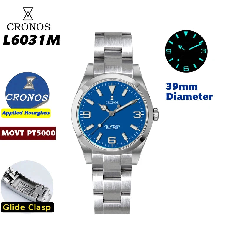 Cronos EX Diver Mechanical Men's Watch 39mm Automatic PT5000 / Miyota 90S5 Sapphire Glass Bushed Bracelet Glide Clasp 10 ATM L6031