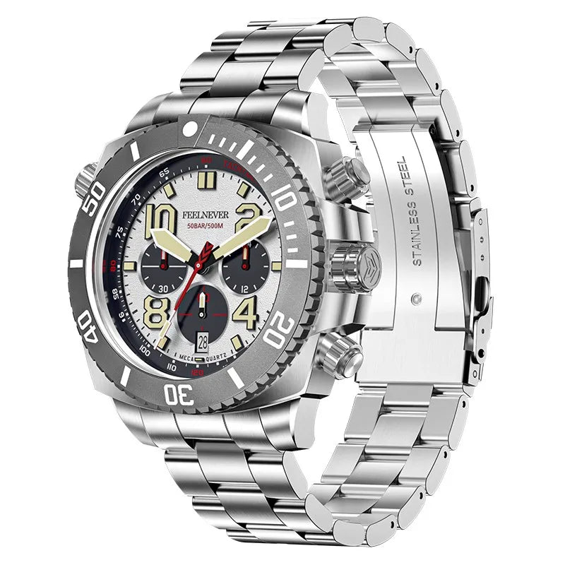 FeelNever Sport Automatic Movement Quartz Watch Stainless Steel Sapphire Crystal Watches Men 500M Waterproof Clocks Reloj Hombre