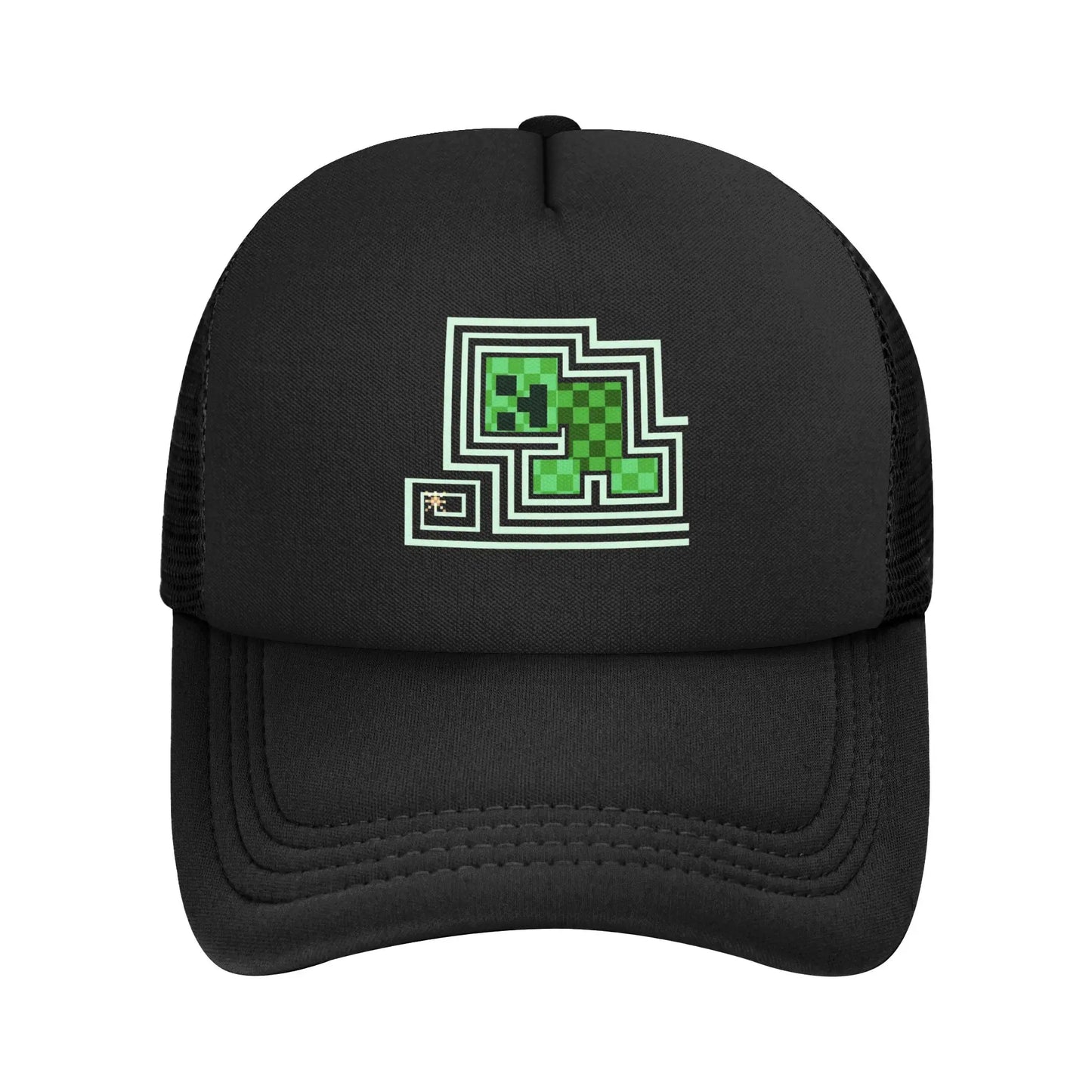 blocky adventurer discover a Creepers monster behind him Trucker Cap Sun Hats Cap Adjustable Snapback Caps Mesh Baseball Cap