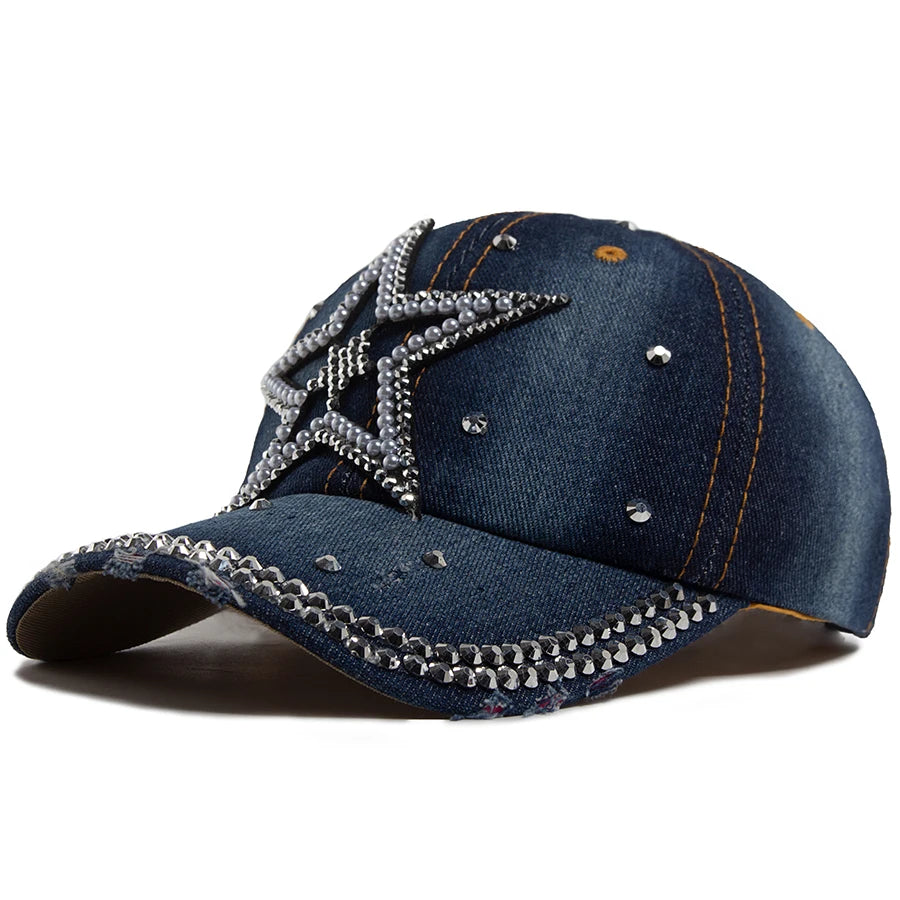 Y2K Pentagram Denim Cloth Baseball Cap Women Fashion Vintage Snapback Men Female Hip hop Shiny Rhinestone Hat For Spring Autumn