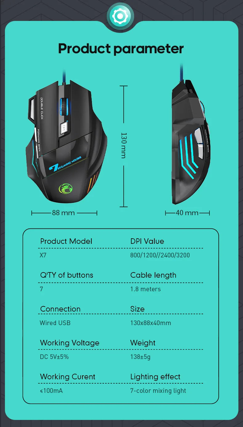 Mouse de gaming USB cu fir, 4 taste, generație ergonomică, 2400DPI, iluminare RGB, senzor optic de înaltă precizie