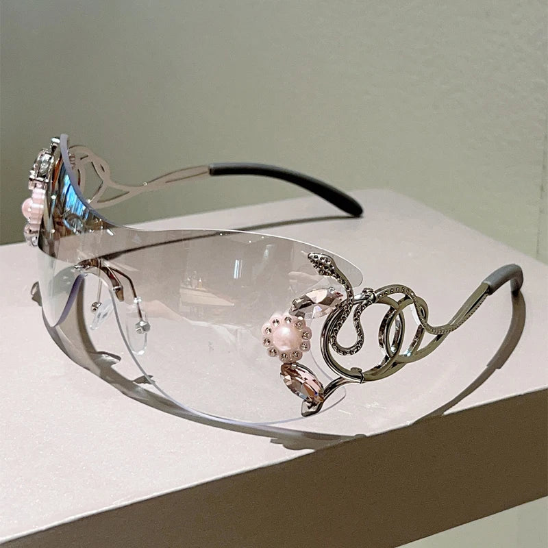 KAMMPT Rimless Y2k Sunglasses with Rhinestones Women Fashion Monoblock Outdoor Decor Shades Trendy Design Gradient Sun Glasses