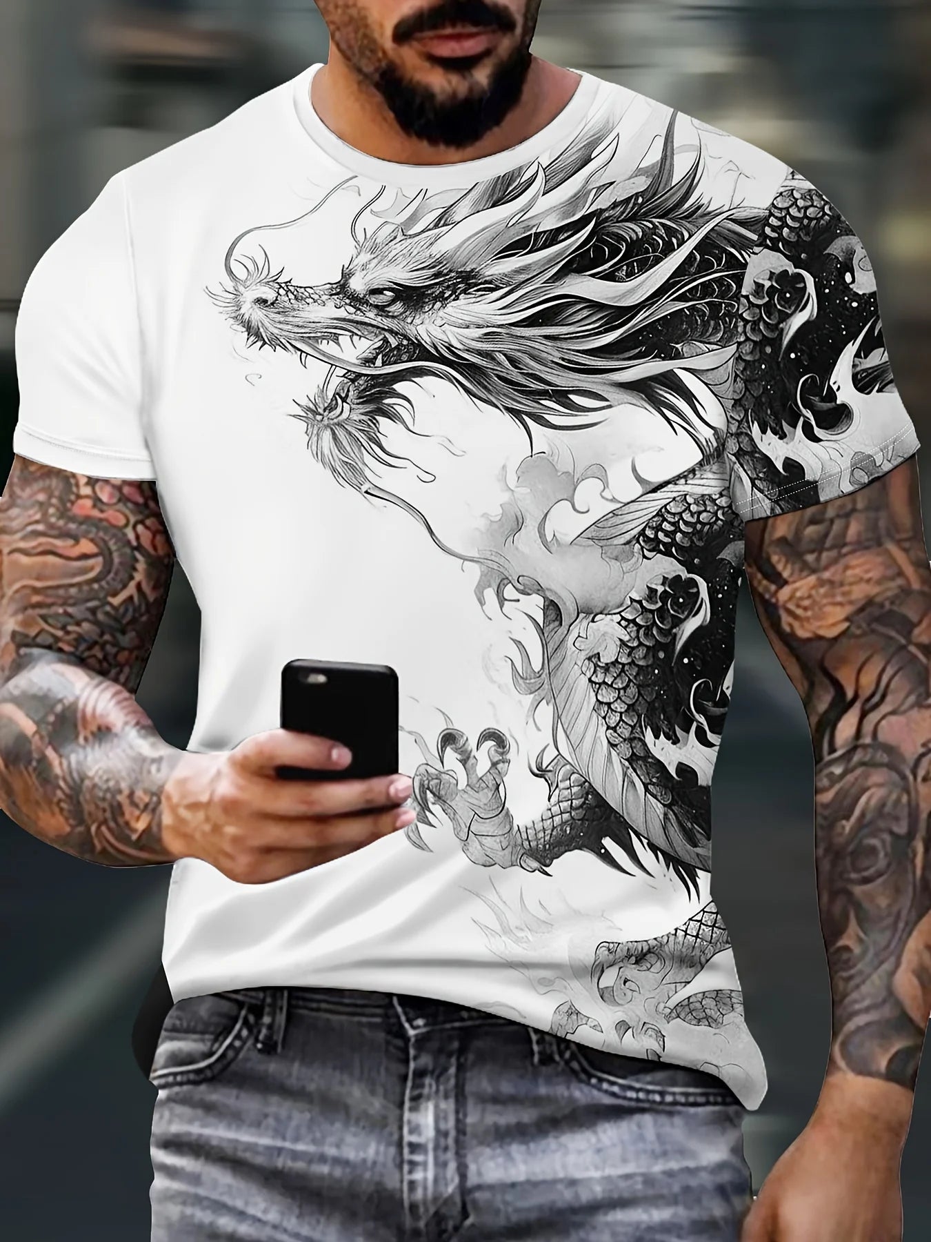 Heren T-shirt met drakenprint, casual ademende stof, grafisch T-shirt in streetstyle, outdoor fashion, shirt met korte mouwen, heren T-shirts