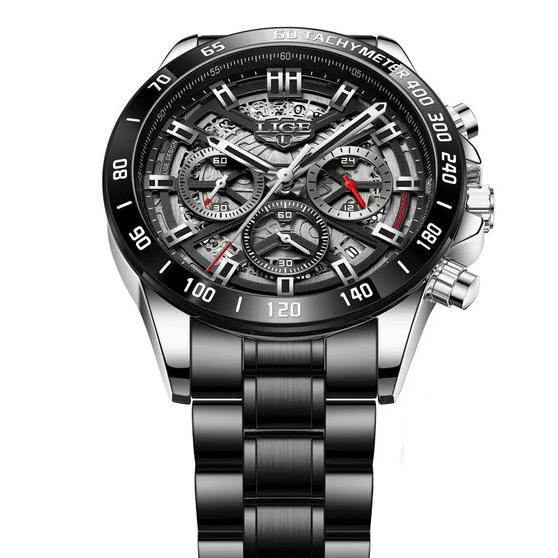 LIGE 2024 New Men Watch Top Brand Luxury Hollow Watch Men Waterproof Sport Quartz Chronograph Wrist Watch Man Relogio Masculino