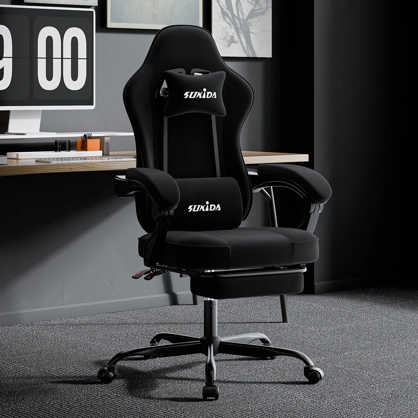SUKIDA Gaming Chair with Footrest, Ergonomic Racing Style PC Chair with Lumbar Support, Adjustable Office Gaming Chair for Comfort and Work