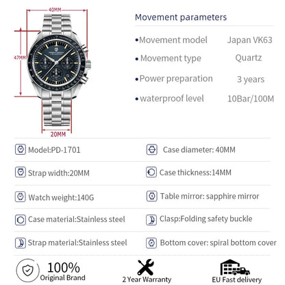 PAGANI DESIGN 2026 New V6 Moon Mens Watch Luxury Quartz Speed Sports Chronograph Watch For Men Watch AR Sapphire glass Local Shipping