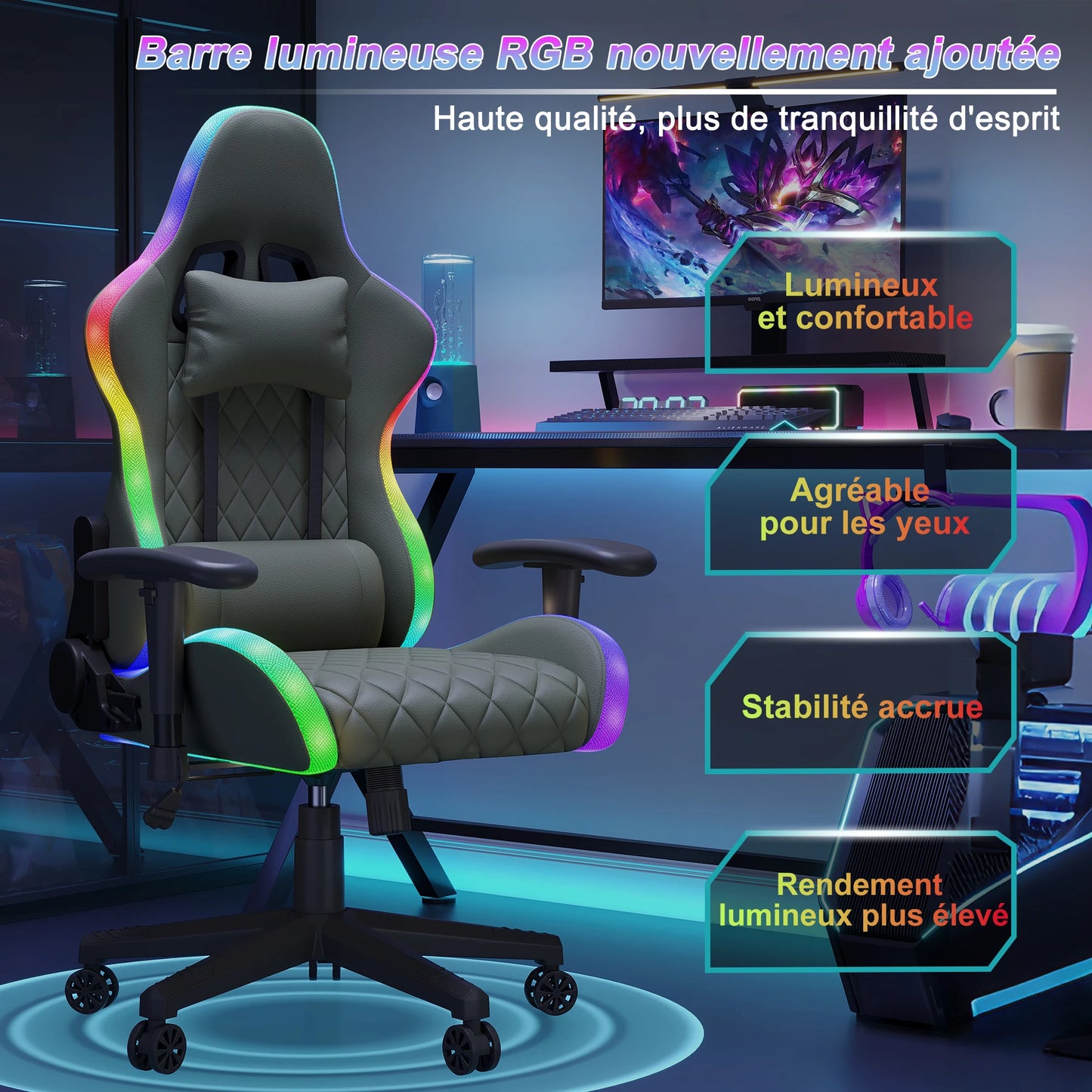 Superaly 72x58.5x125-133cm Ergonomic Gaming Chair RGB Light,Gamer Chair,PU Leather Office Chair with Headrest & Lumbar Cushion