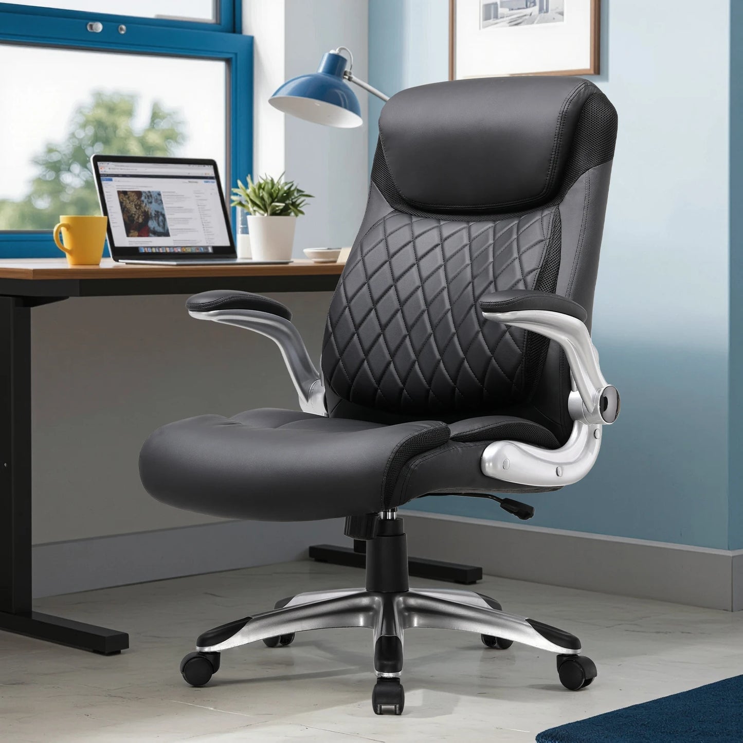 COMHOMA office chair Ergonomic desk chair with folding armrests with high backrest, scratch resistant leather