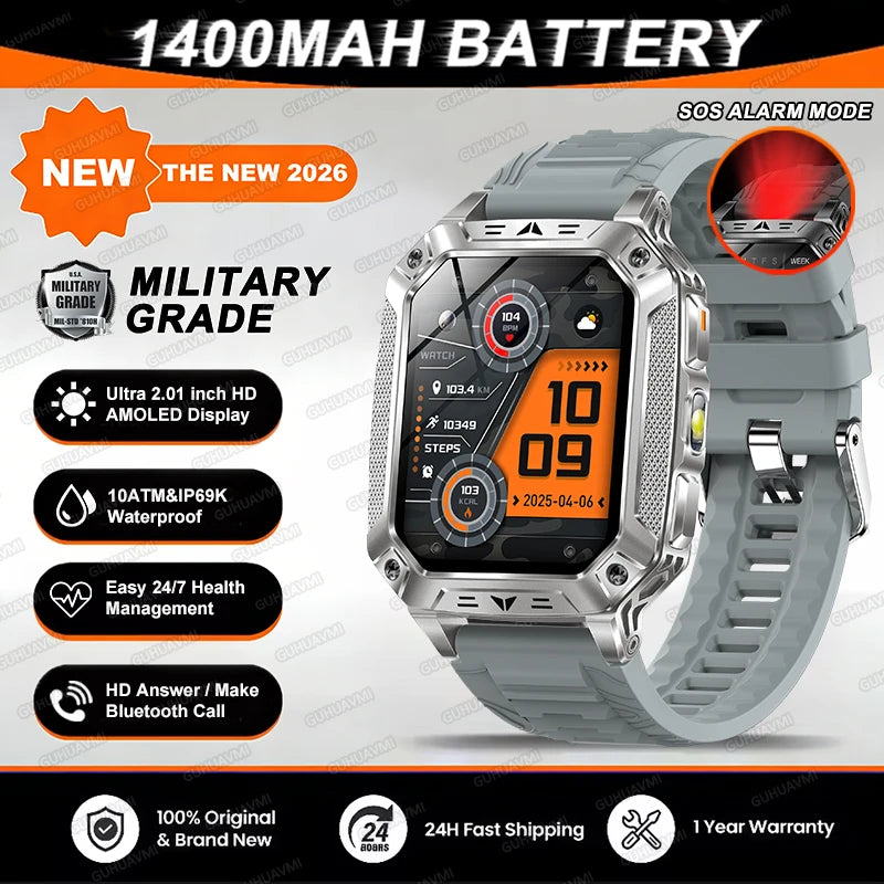 2026 TANK New 1400mAh Military GPS Smart Watch Men 2.01" AMOLED Screen 10ATM Waterproof Clock SOS Call Flashlight Smartwatch iOS