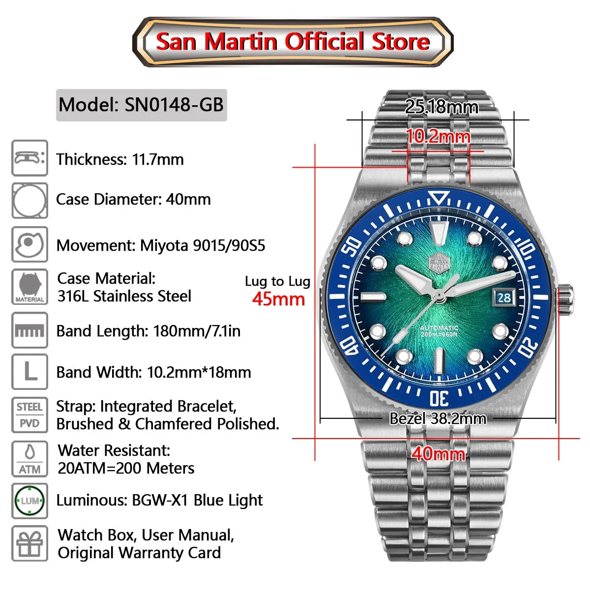 San Martin 40mm Enamel Spiral Dial Integrated Bracelet Men Diver Watch Miyota 9015 Automatic Mechanical Waterproof 200m SN0148