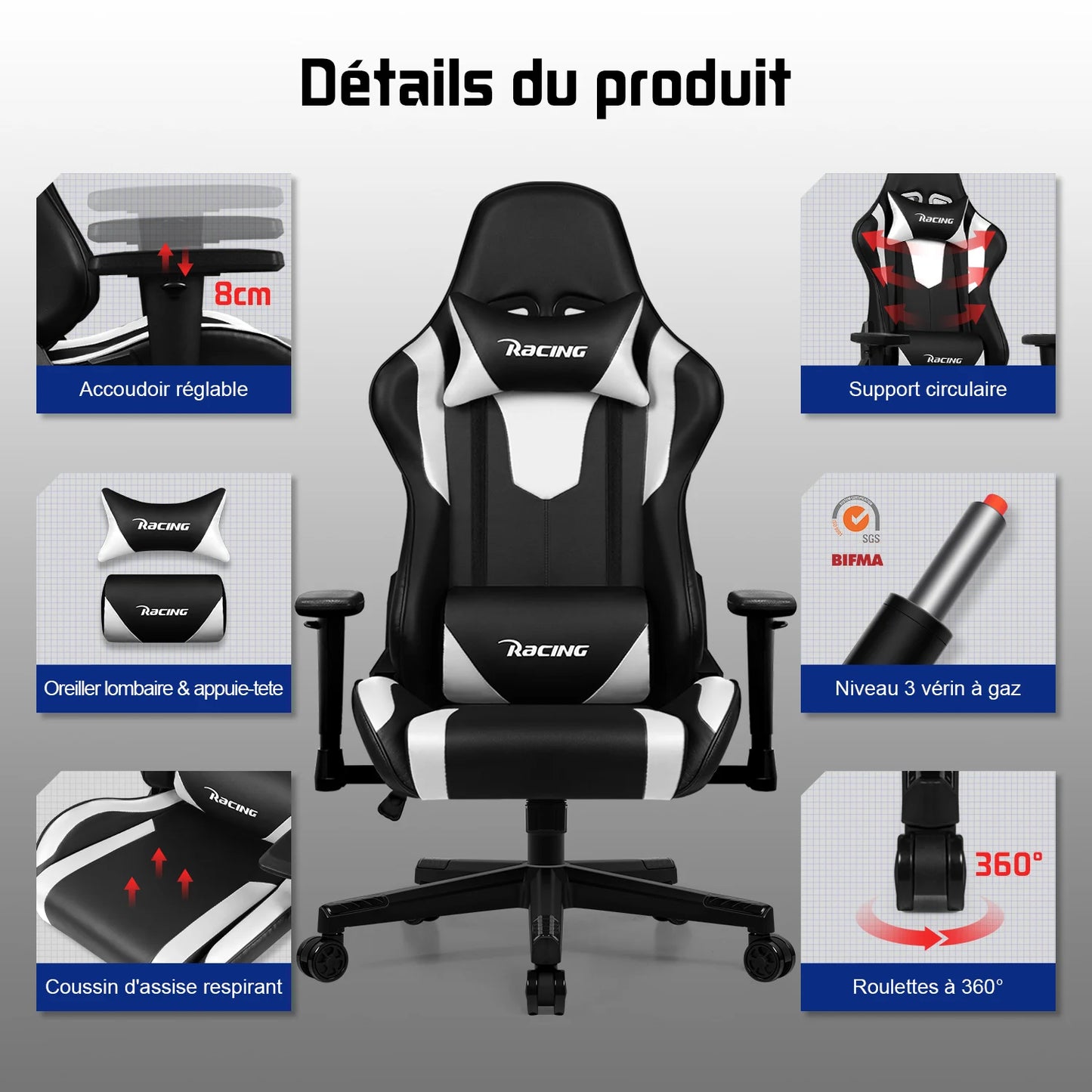 Hiazurm Ergonomic Gaming Chair for Adults, Adjustable Office Chair with 3D Wing Design, S-Shaped Back Support, Lumbar Support & Steel Frame