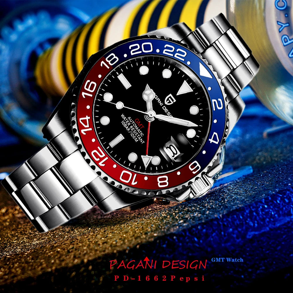 Montre mécanique pour homme PAGANI DESIGN (40 mm) – Cadran violet, fonction GMT, bracelet type Jubilee, verre saphir, étanche, mouvement automatique