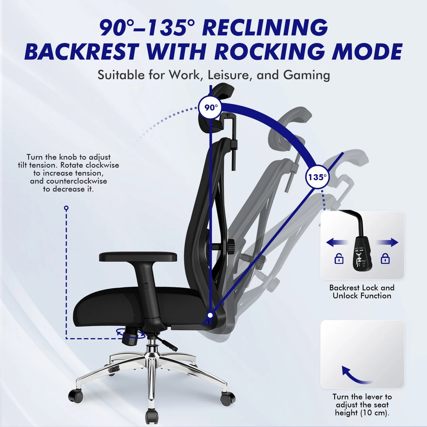 Hiazurm Office Chair Ergonomic, Desk Chair with Lumbar Support 3D, Height-adjustable Office Chairs for home with Adjustable Headrest and Armrests, Computer Chairs Ideal for Company,  Home and Gaming