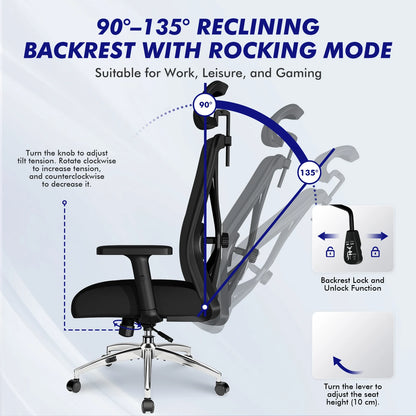 Hiazurm Office Chair Ergonomic, Desk Chair with Lumbar Support 3D, Height-adjustable Office Chairs for home with Adjustable Headrest and Armrests, Computer Chairs Ideal for Company,  Home and Gaming