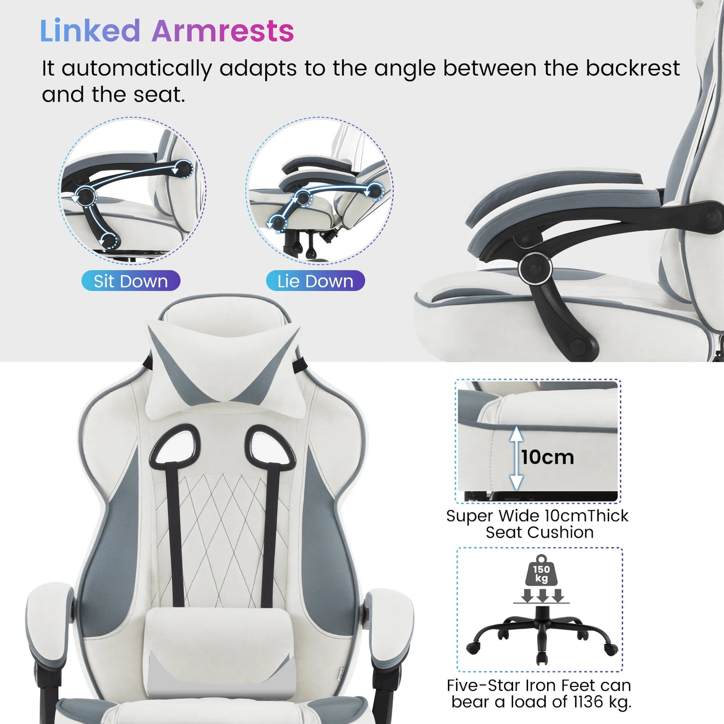 WOLTU Swivel Gaming Chair with Pocket Spring Cushion Ergonomic Office Chair Wide Seat Footrest Rotatable Computer Armchair