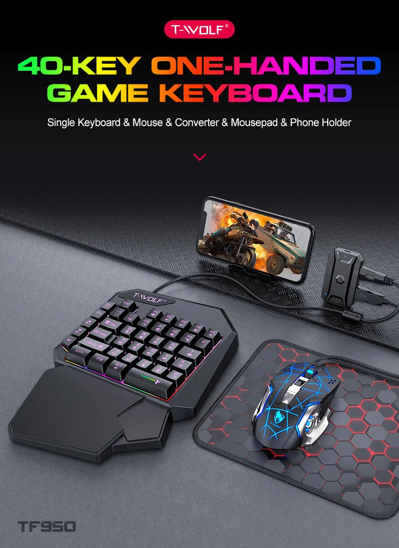 Gamer Kit Mobile Gaming Keyboard Mouse Mobile Games Converter 3 In 1 Combo One Hand Keyboard for PUBG Mobile Games TF900