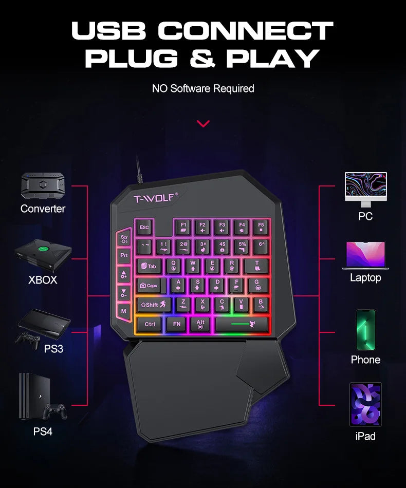 Gamer Kit Mobile Gaming Keyboard Mouse Mobile Games Converter 3 In 1 Combo One Hand Keyboard for PUBG Mobile Games TF900