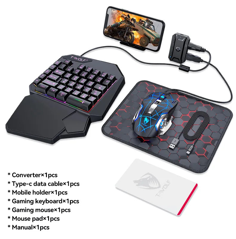 Gamer Kit Mobile Gaming Keyboard Mouse Mobile Games Converter 3 In 1 Combo One Hand Keyboard for PUBG Mobile Games TF900