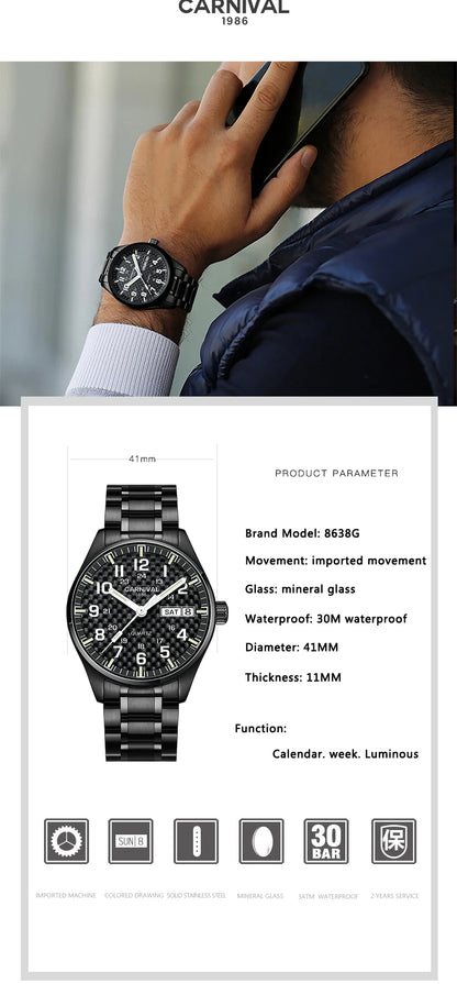 Reloj CARNIVAL de marca de lujo para hombre, reloj de cuarzo con manecillas luminosas, resistente al agua, de acero inoxidable macizo, Relogio Masculino 8638