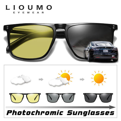 Brand Rivet Square Photochromic Sunglasses Men Polarized Women Driving Sun Glasses Day Night Vision Anti-Glare zonnebril heren