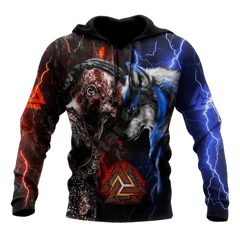 Ragnar und Wolf Valknut Tattoo 3D-Allover-Print-Hoodies, Sweatshirt, Reißverschluss-Hoodies für Damen und Herren, Pullover-Cosplay-Kostüme