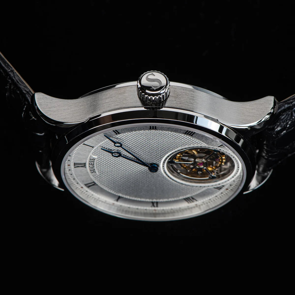 Sugess Tourbillon Men Watches ST8230 Genuine Tianjin Movement Mechanical Vintage Skeleton Wristwatch Elegant Crocodile Leather