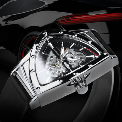 Orologio automatico da uomo WINNER, design scheletrato triangolare, lancette luminescenti, cinturino in gomma, stile militare, orologio meccanico di lusso