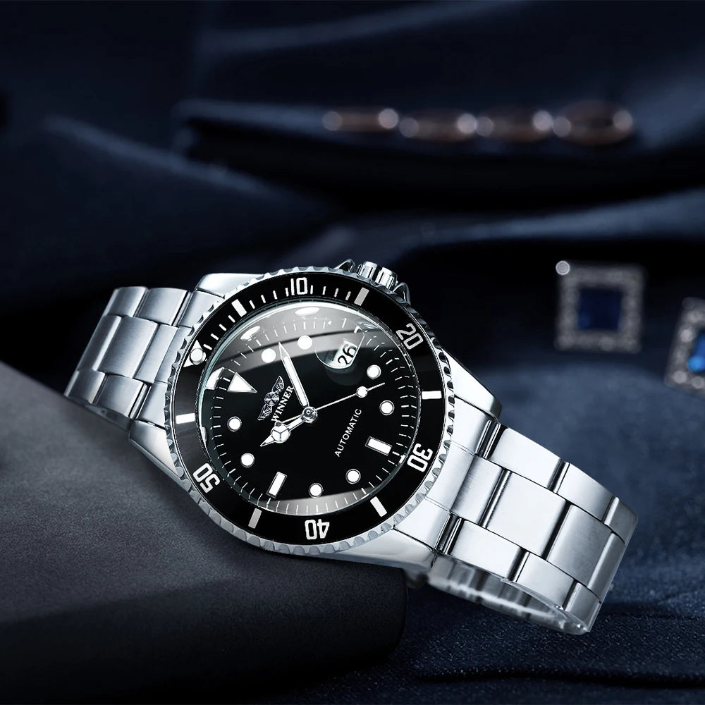 Orologio meccanico classico da uomo – Marchio di lusso, stile professionale, movimento automatico, lunetta girevole, quadrante luminescente, bracciale in acciaio