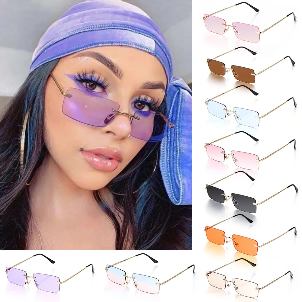 1PC Trendy Fashion Rimless Small Rectangle Sunglasses Women Men 2023 Shades Alloy Metal Glasses Traveling Style UV400 Eyewear