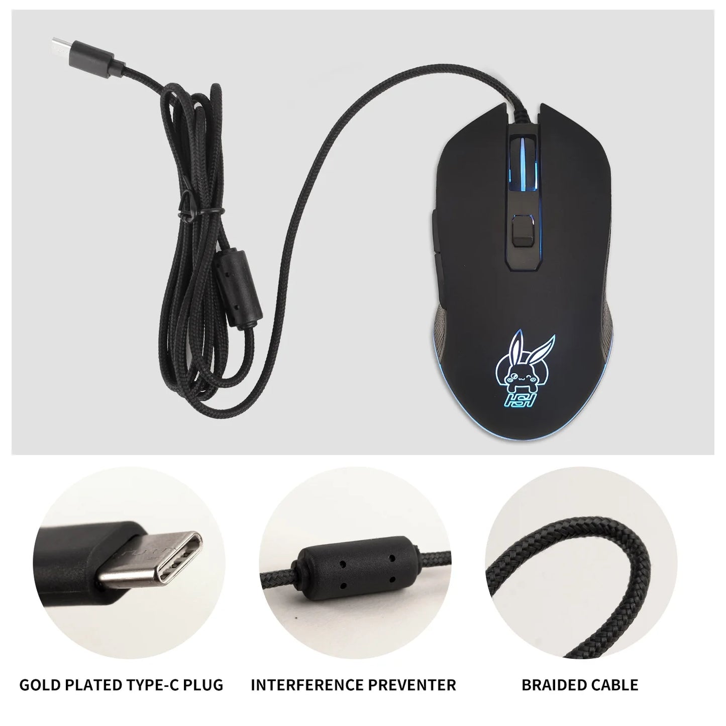 Ratón luminoso de colores con silencio USB-C para portátil Type-C, ratón gaming
