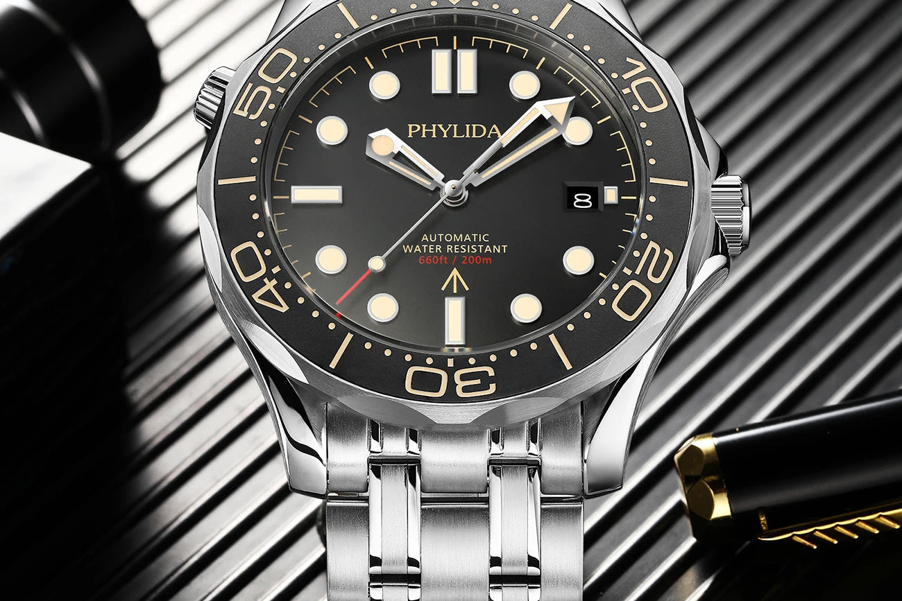 PHYLIDA Black Dial PT5000 MIYOTA Automatic Watch DIVER 200M 007 NTTD Style Sapphire Crystal Solid Bracelet Waterproof 20Bar