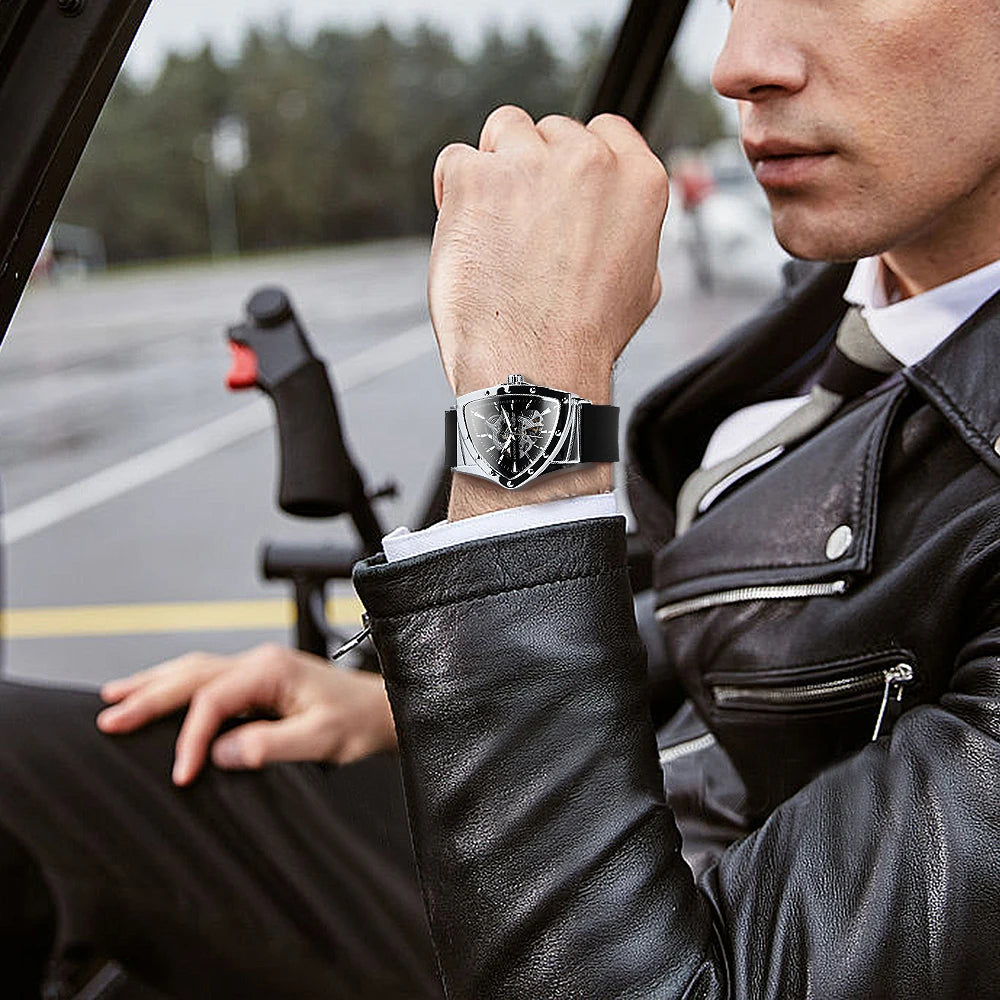 Orologio automatico da uomo WINNER, design scheletrato triangolare, lancette luminescenti, cinturino in gomma, stile militare, orologio meccanico di lusso