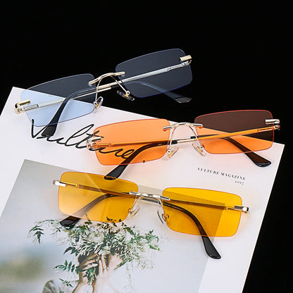 1PC Trendy Fashion Rimless Small Rectangle Sunglasses Women Men 2023 Shades Alloy Metal Glasses Traveling Style UV400 Eyewear
