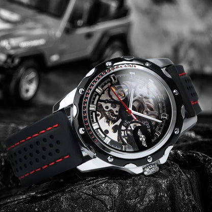 Montre automatique pour homme WINNER – Modèle mécanique squelette, aiguilles luminescentes, bracelet en caoutchouc, style sportif et luxueux, idéale pour les activités en plein air