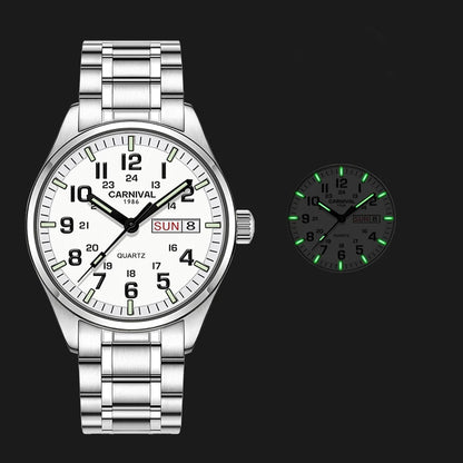 Reloj CARNIVAL de marca de lujo para hombre, reloj de cuarzo con manecillas luminosas, resistente al agua, de acero inoxidable macizo, Relogio Masculino 8638