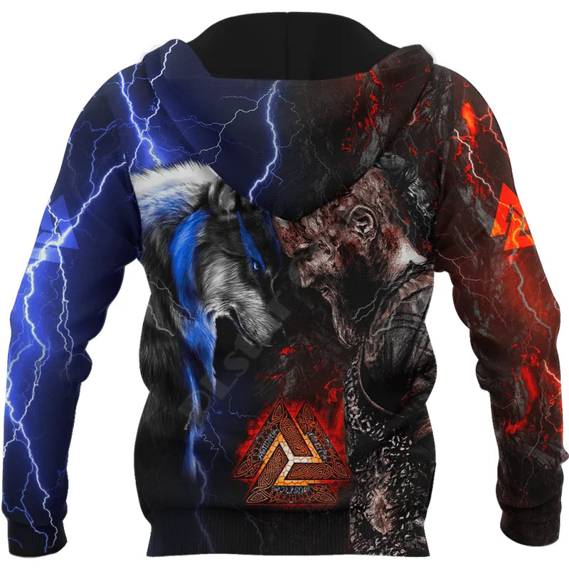 Ragnar und Wolf Valknut Tattoo 3D-Allover-Print-Hoodies, Sweatshirt, Reißverschluss-Hoodies für Damen und Herren, Pullover-Cosplay-Kostüme