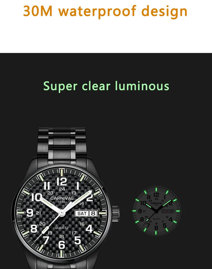 Reloj CARNIVAL de marca de lujo para hombre, reloj de cuarzo con manecillas luminosas, resistente al agua, de acero inoxidable macizo, Relogio Masculino 8638