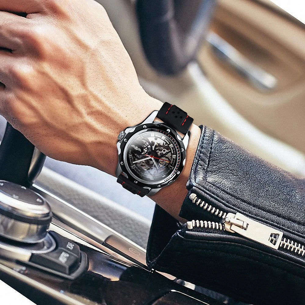 Montre automatique pour homme WINNER – Modèle mécanique squelette, aiguilles luminescentes, bracelet en caoutchouc, style sportif et luxueux, idéale pour les activités en plein air