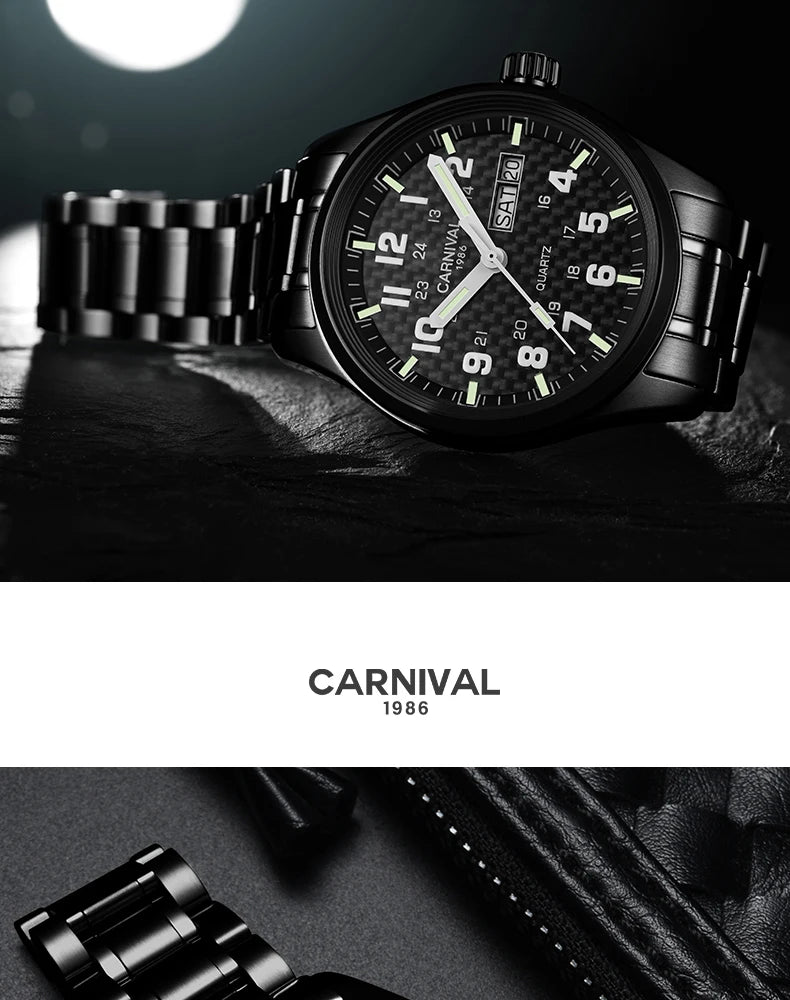 Reloj CARNIVAL de marca de lujo para hombre, reloj de cuarzo con manecillas luminosas, resistente al agua, de acero inoxidable macizo, Relogio Masculino 8638