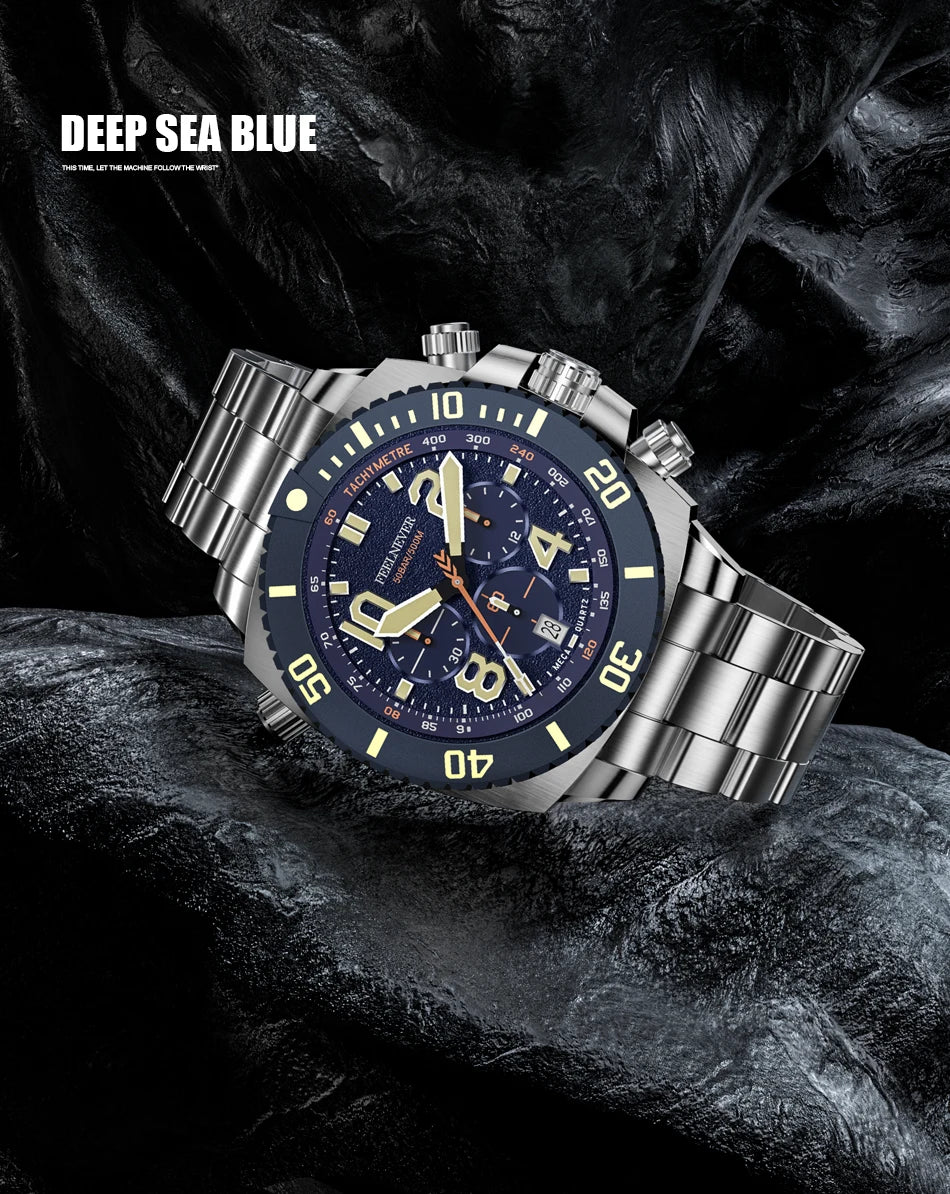 FeelNever Sport Automatic Movement Quartz Watch Stainless Steel Sapphire Crystal Watches Men 500M Waterproof Clocks Reloj Hombre