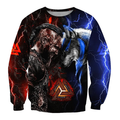 Ragnar und Wolf Valknut Tattoo 3D-Allover-Print-Hoodies, Sweatshirt, Reißverschluss-Hoodies für Damen und Herren, Pullover-Cosplay-Kostüme