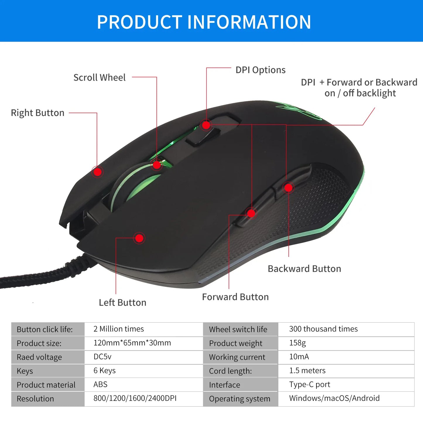 Ratón luminoso de colores con silencio USB-C para portátil Type-C, ratón gaming