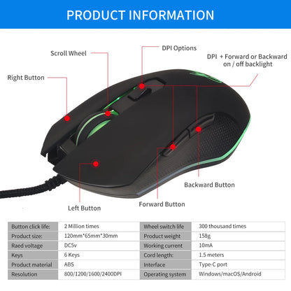 Ratón luminoso de colores con silencio USB-C para portátil Type-C, ratón gaming