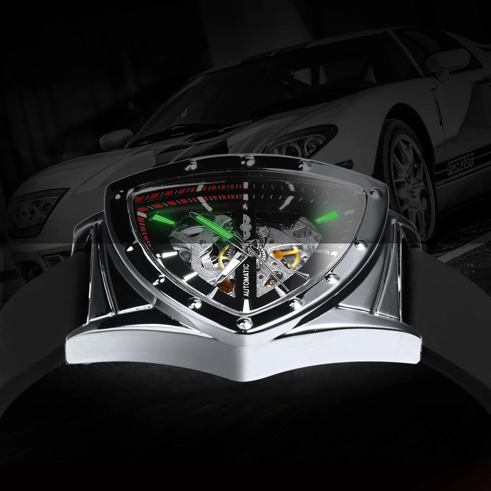 Orologio automatico da uomo WINNER, design scheletrato triangolare, lancette luminescenti, cinturino in gomma, stile militare, orologio meccanico di lusso