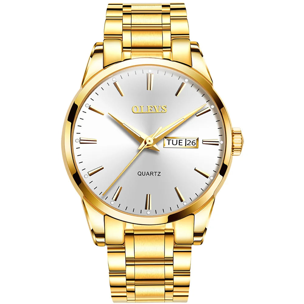 Montre pour homme OLEVS – Montre-bracelet à quartz en acier inoxydable, étanche, dorée, élégante et lumineuse, accessoire de luxe pour hommes