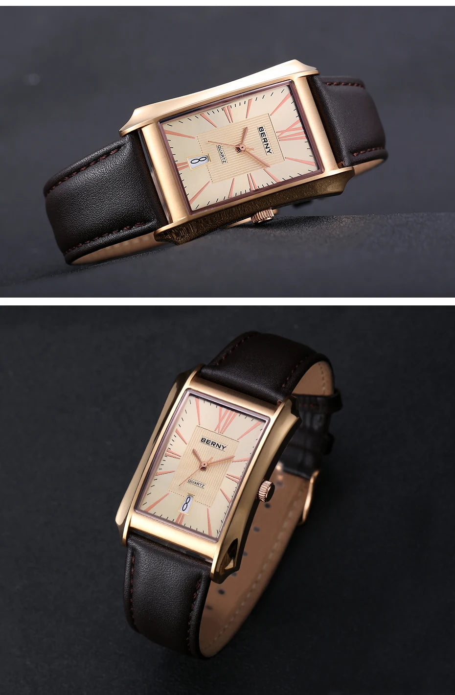 BERNY Watch for Men Rectangle Japan Quartz Wristwatch Waterproof Business Rectangular Dress Male Clock Top Genuine Leather Strap