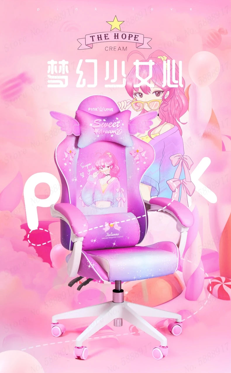 Rose Pink Gaming Chair E-Sports Computer Chair with Footrest, Ergonomic Office Chair, Adjustable Height Swivel Gamer Chair for Home & Office