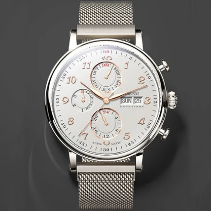 Relógio masculino mecânico automático LOBINNI Luxury Brand Switzerland com calendário perpétuo, vidro de safira e mostrador multifunções L13019-8