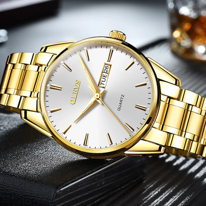 Montre pour homme OLEVS – Montre-bracelet à quartz en acier inoxydable, étanche, dorée, élégante et lumineuse, accessoire de luxe pour hommes